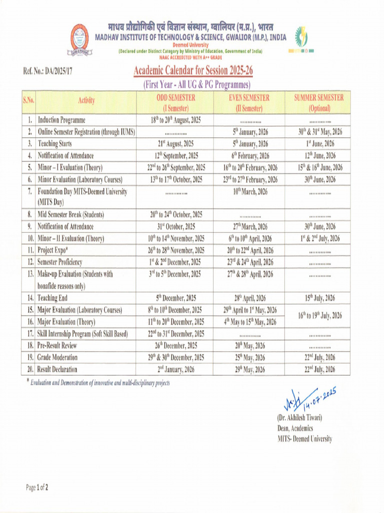 First Year - Academic Calendar (2025-26 Session) - 250714 - 183911 | PDF