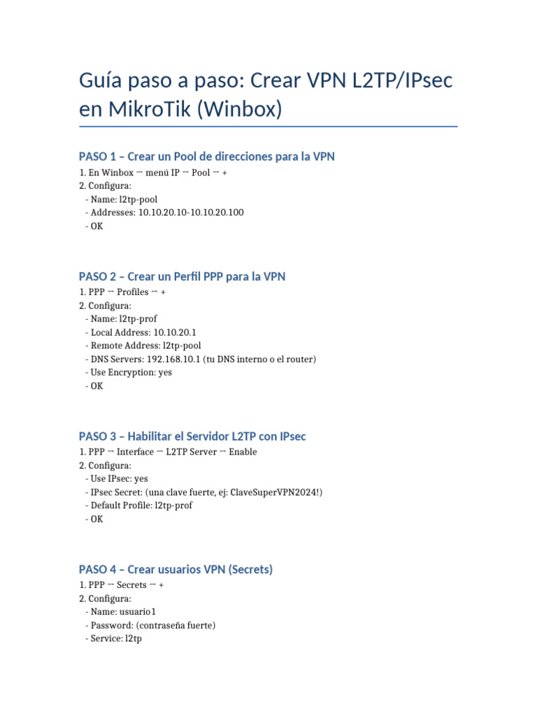 Configurar VPN L2TP/IPsec en MikroTik | PDF