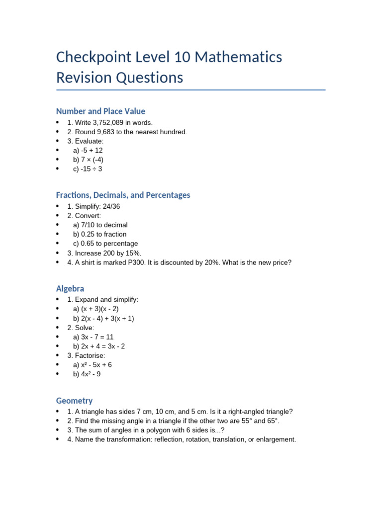 Level 10 Math Revision Questions | PDF