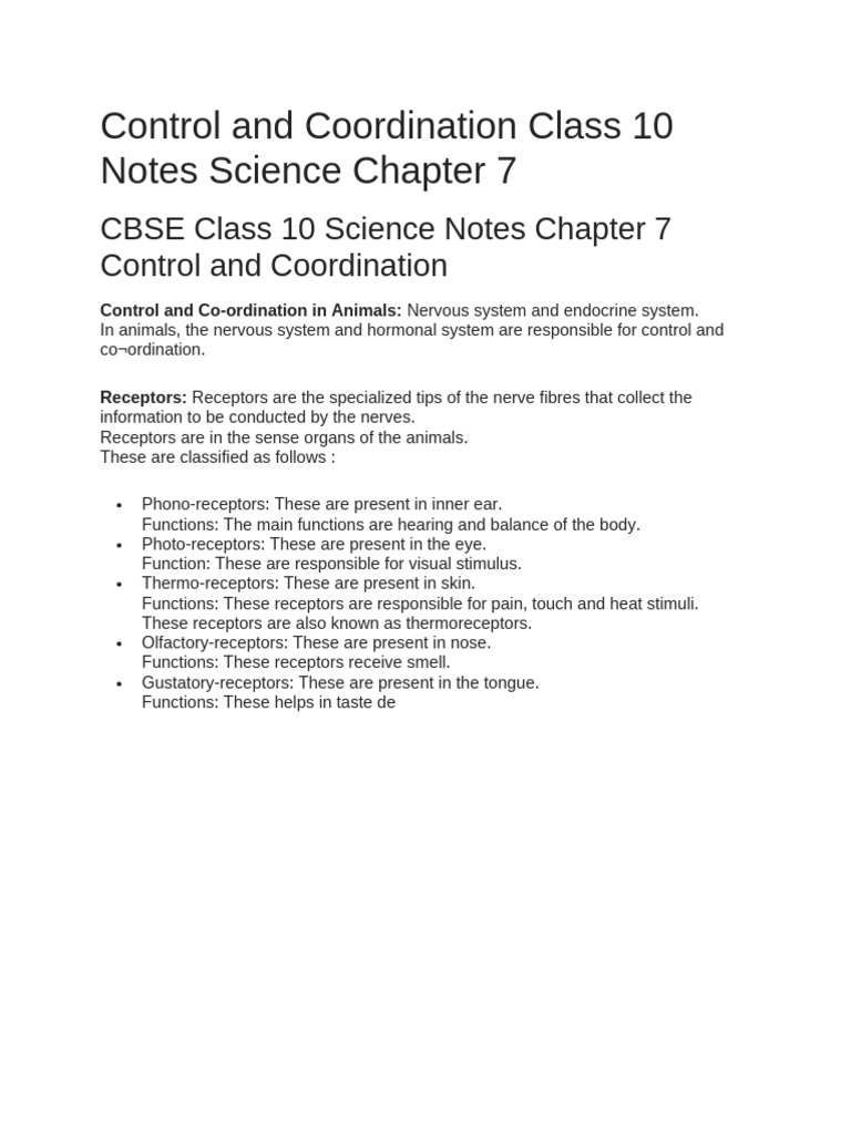 Class 10 Control and Coordination Notes | PDF | Neuron | Axon