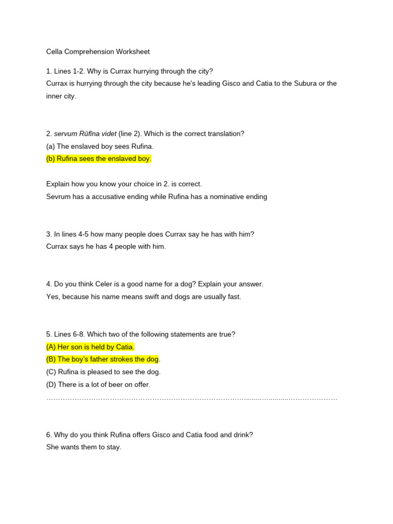 Cella Comprehension Worksheet Answers | PDF