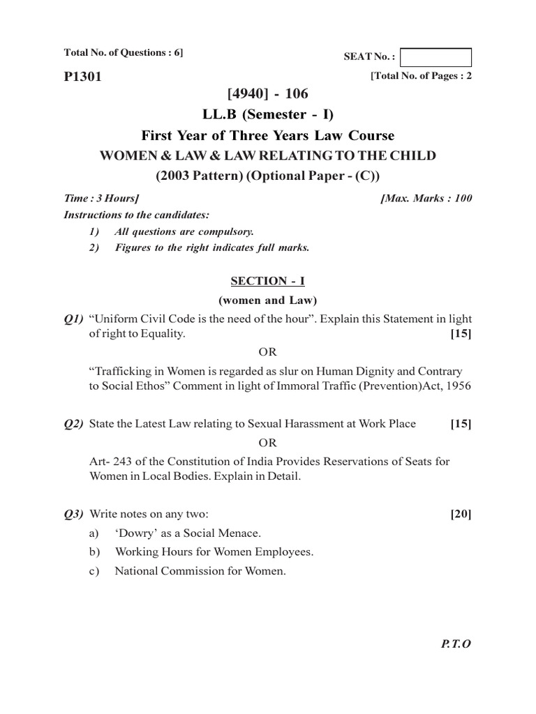 Women and Laws Relating To Child Question Paper | PDF