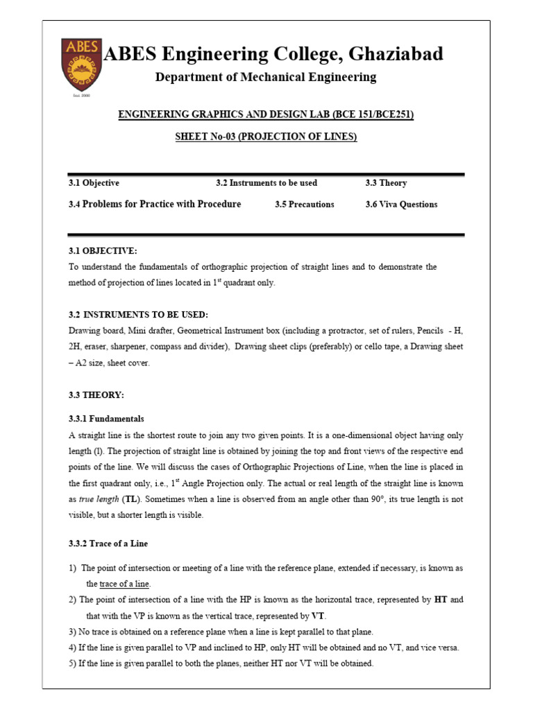 Projection of Lines in Engineering Graphics | PDF | Drawing | Euclidean ...