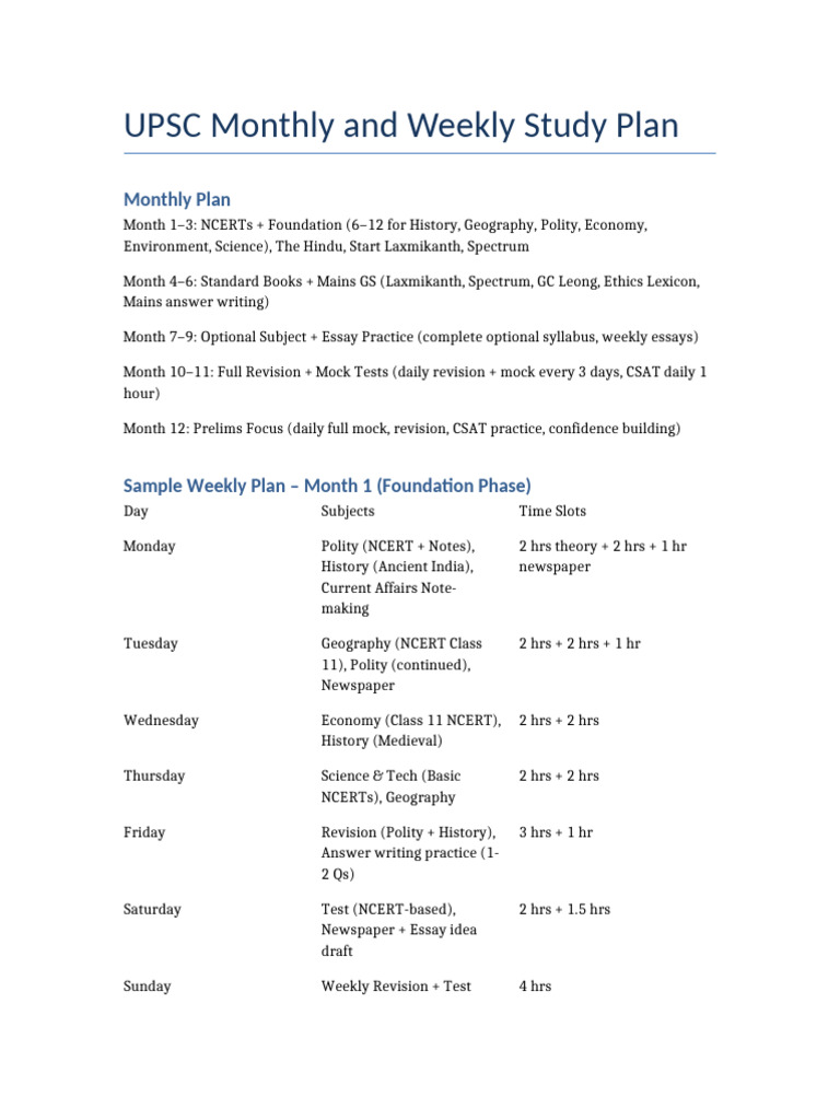 UPSC Study Plan: Monthly & Weekly Guide | PDF