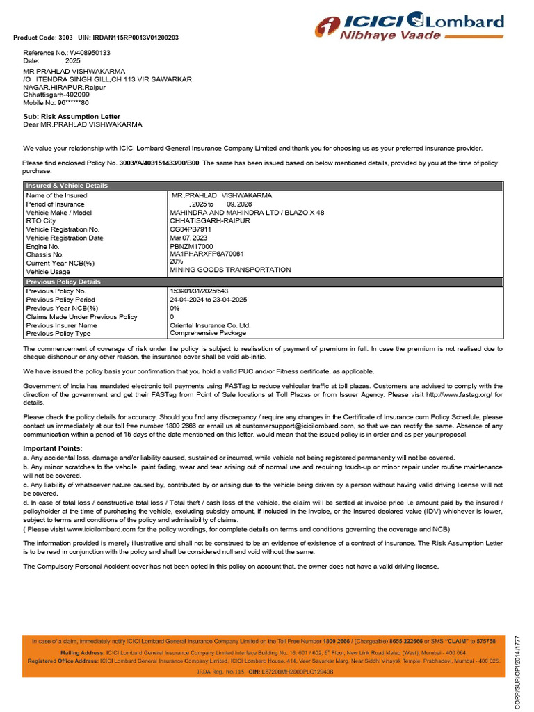 ICICI Lombard Risk Assumption Letter | PDF | Insurance | Pro Rata