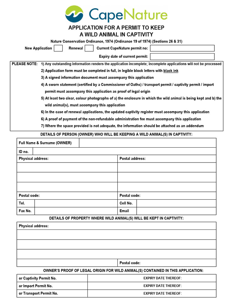 Wild Animal Captivity Permit Application | PDF