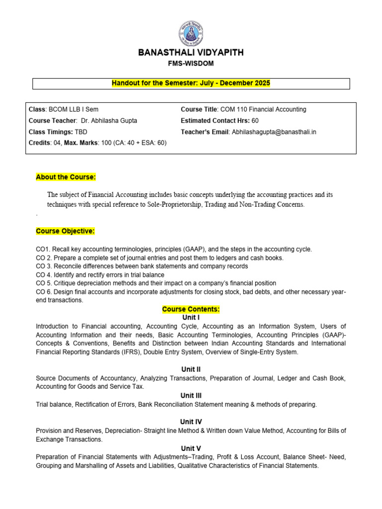 Financial Accounting Course Outline 2025 | PDF | Financial Accounting ...