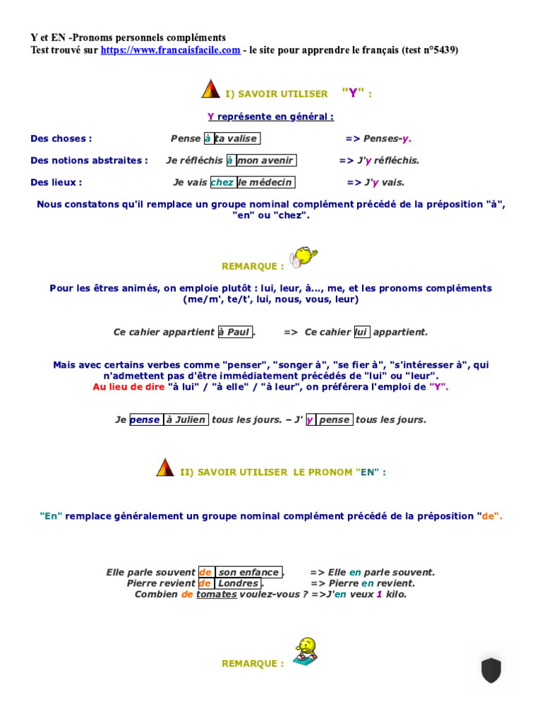 Y Et en - Pronoms Personnels Compléments | PDF