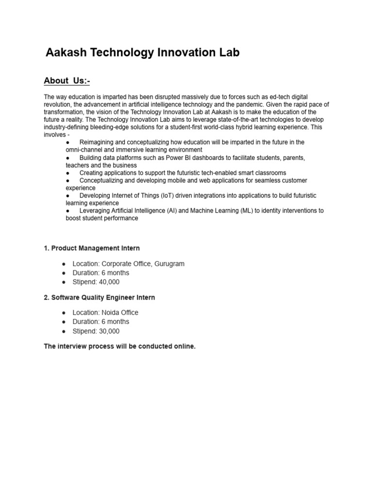 Aakash Technology Innovation Lab - JD | PDF