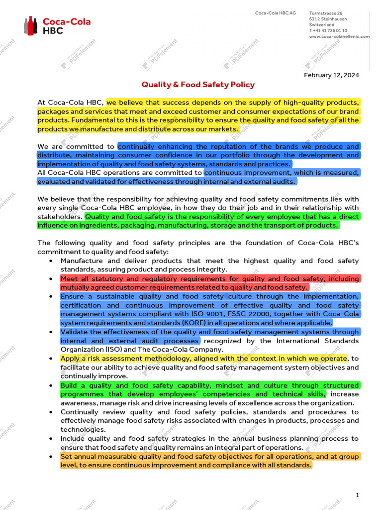 Coca-Cola HBC Policy | PDF | Food Safety | Safety