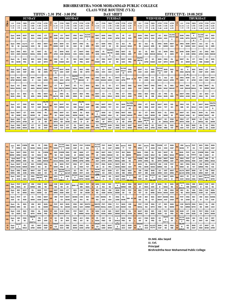 Class Wise Routine for Birshreshtha College | PDF