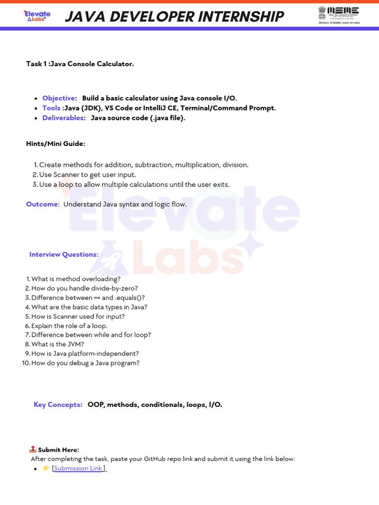 Java Console Calculator Internship Task | PDF
