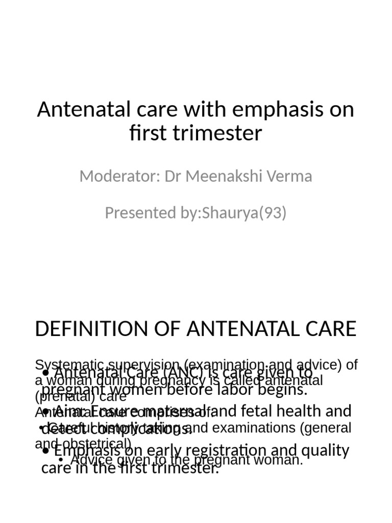 First Trimester Antenatal Care Guide | PDF | Pregnancy | Prenatal ...