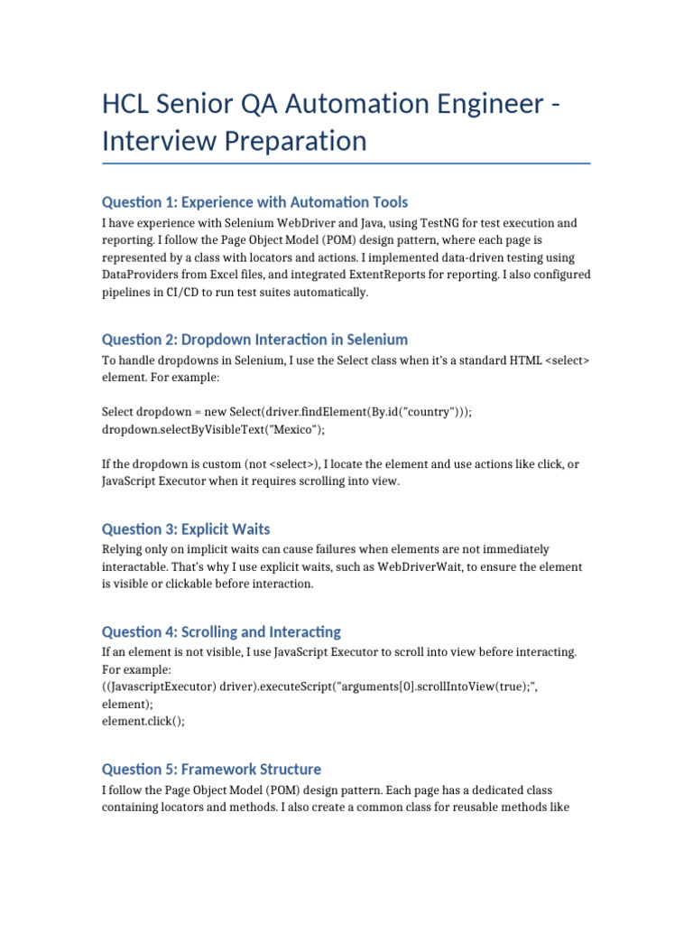 HCL QA Automation Engineer Interview Guide | PDF | Selenium (Software ...