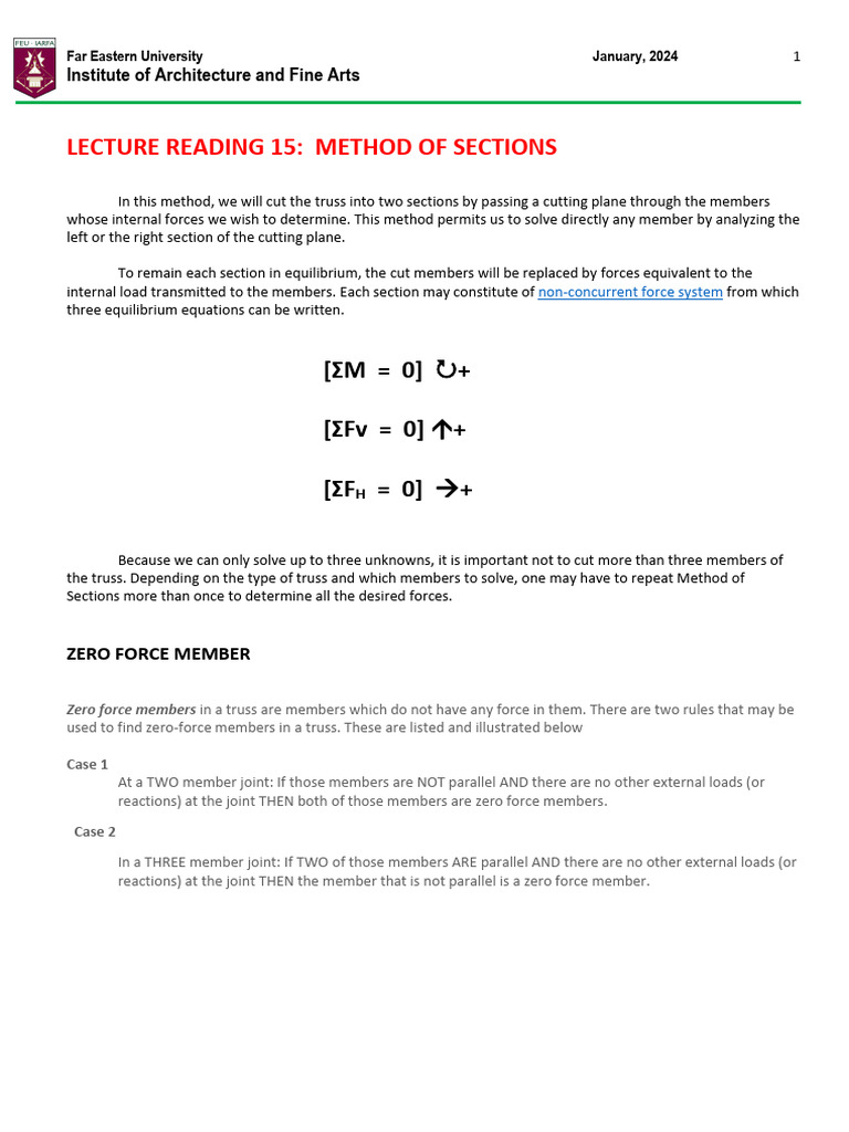 Lecture Reading+15 Method+of+Sections | PDF | Force | Truss