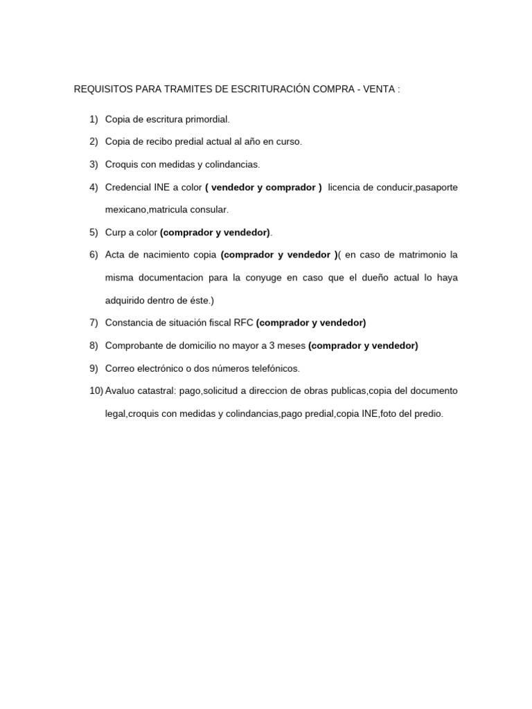 Requisitos para Escrituración Compra-Venta | PDF