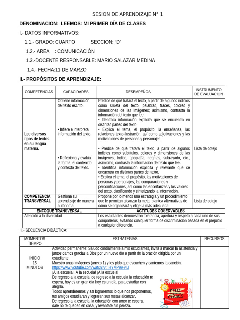 Aprendizaje sobre el Primer Día de Clases | PDF | Aprendizaje ...