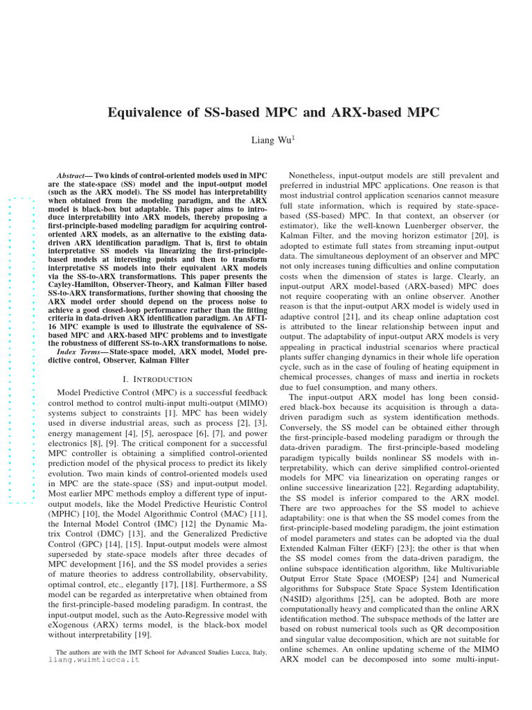 Wu - 2022 - Equivalence of SS-based MPC and ARX-based MPC | PDF ...