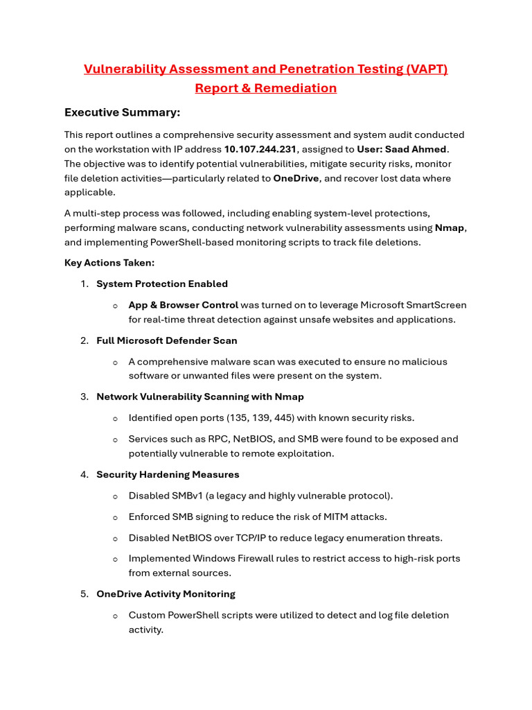 VAPT Report: Security Assessment Summary | PDF | Security | Computer ...