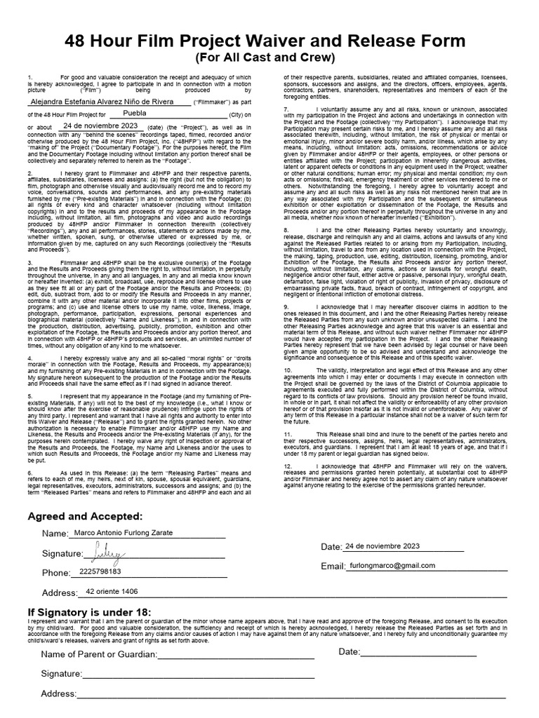 48 Hour Film Project Release Form | PDF | Justice | Crime & Violence
