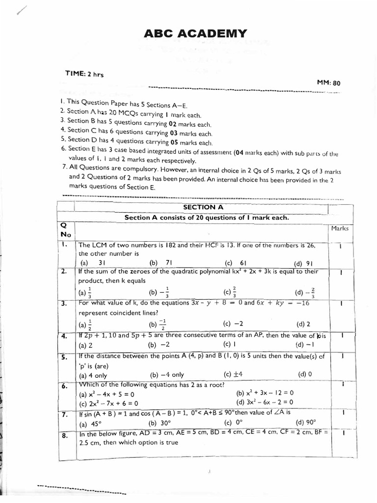 Comprehensive Math Question Paper | PDF | Algebra | Elementary Mathematics