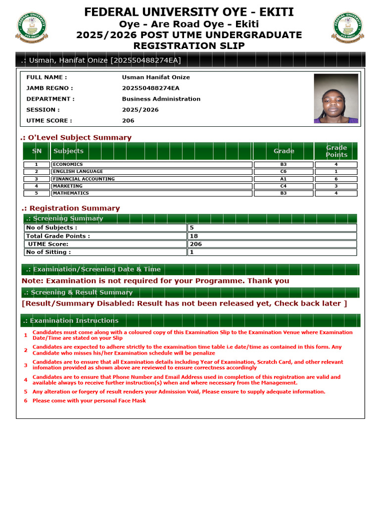 Usman Hanifat Onize - Registration Slip | PDF