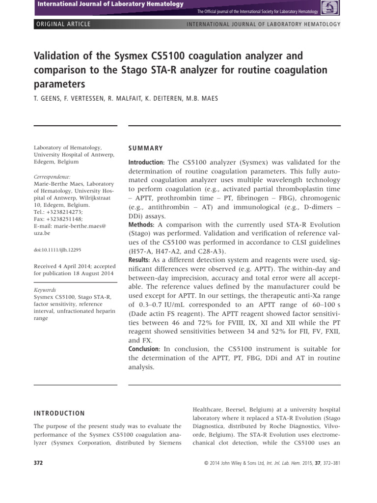 Validation of The Sysmex Cs5100 Coagulation Analyz | PDF | Blood Plasma ...