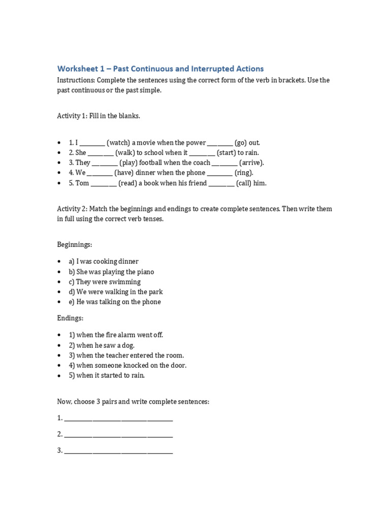 Past Continuous Worksheet Activities | PDF