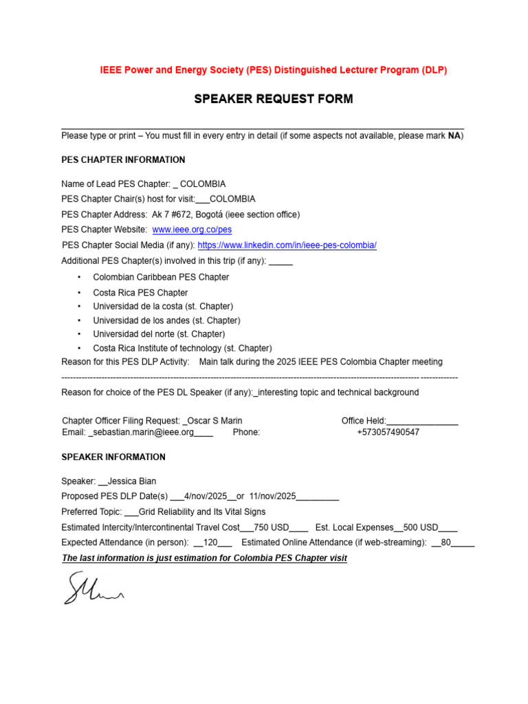 PES Distinguished Lecturer Speaker Request | PDF