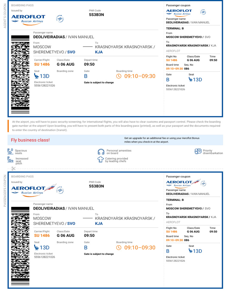 Aeroflot Boarding Pass for Flight SU 1486 | PDF | Civil Aviation | Airlines