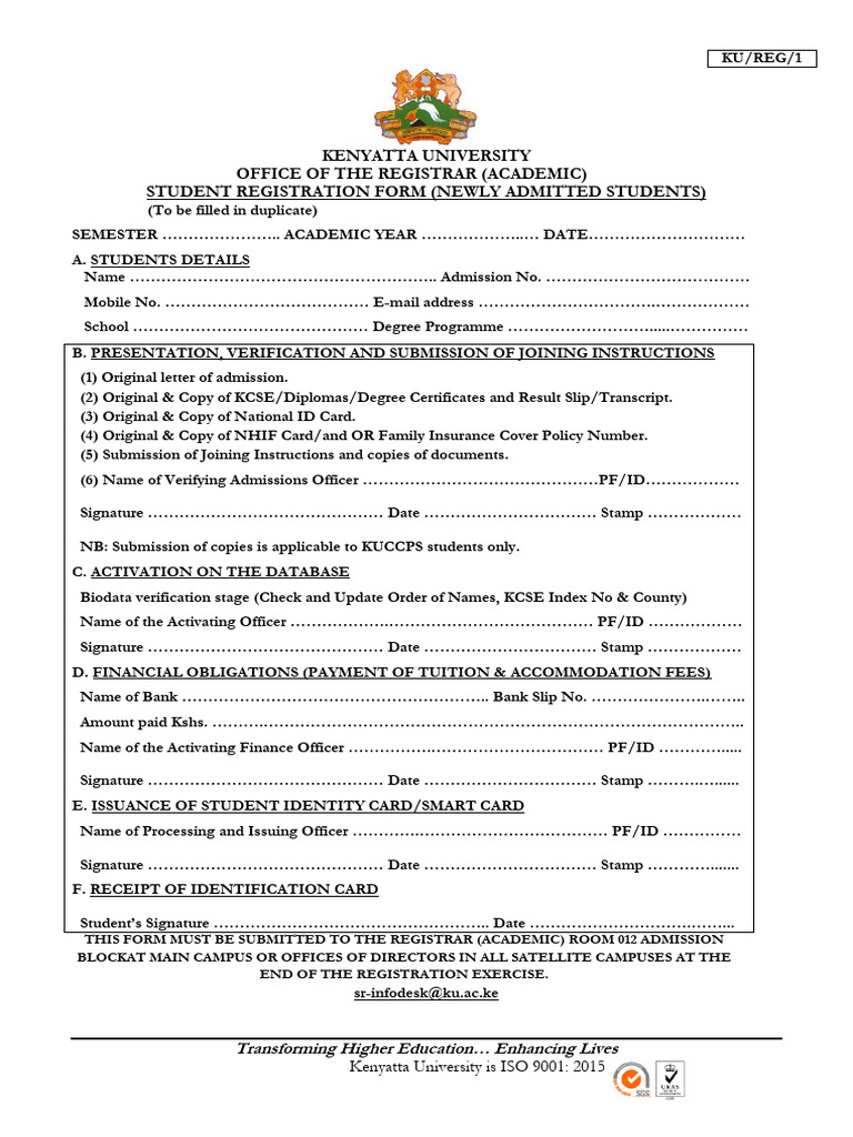 Kenyatta University Student Registration Form | PDF