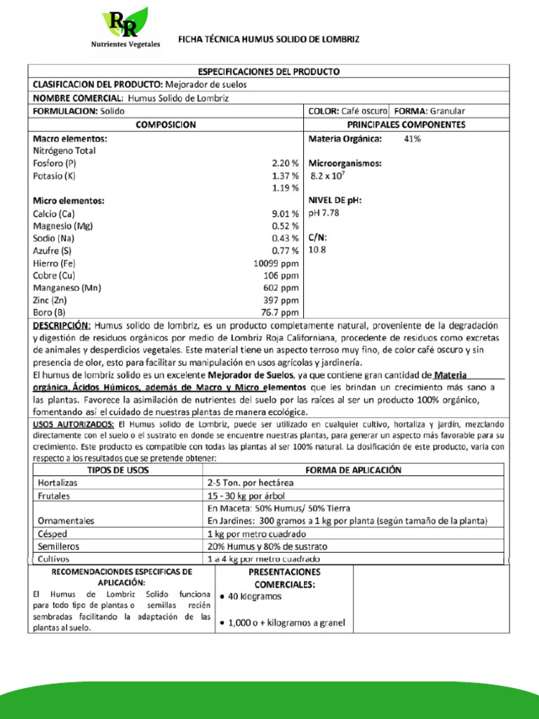 Ficha Técnica Humus-Solido | PDF