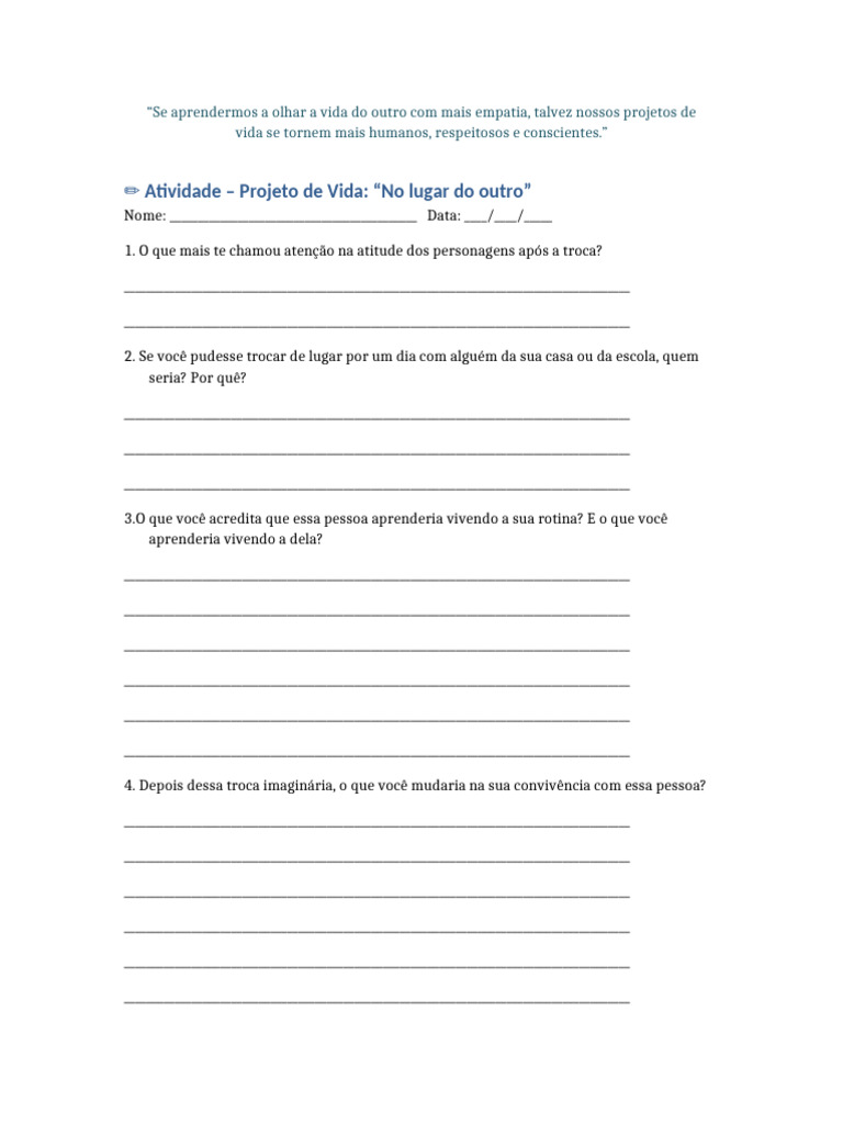 Empatia e Projeto de Vida: Atividade Reflexiva | PDF