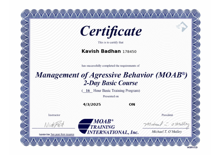 MOAB in Class Certificate | PDF