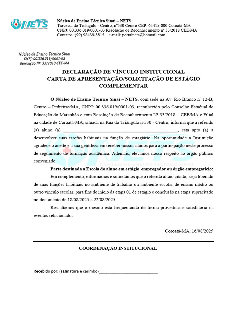 CEP do Núcleo de Ensino Técnico Sinai | PDF