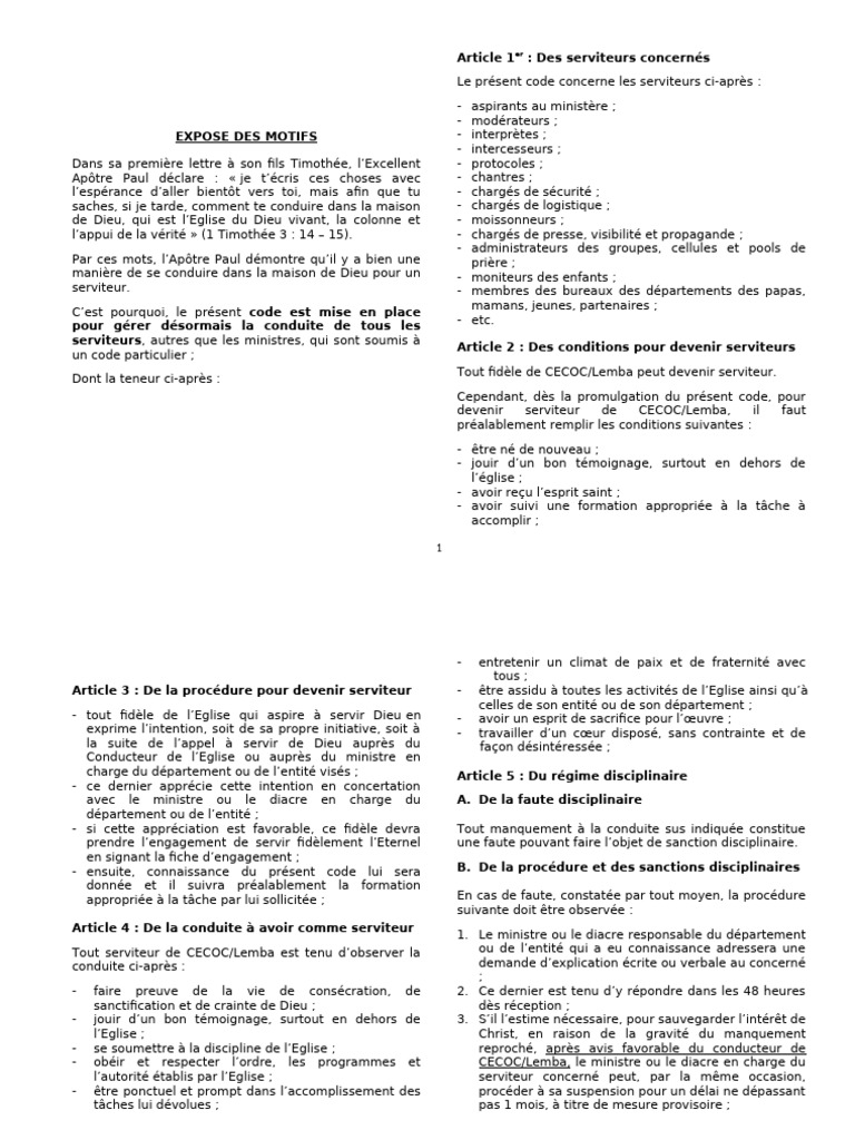 Code de Bonne Conduite Des Serviteurs | PDF | Église chrétienne