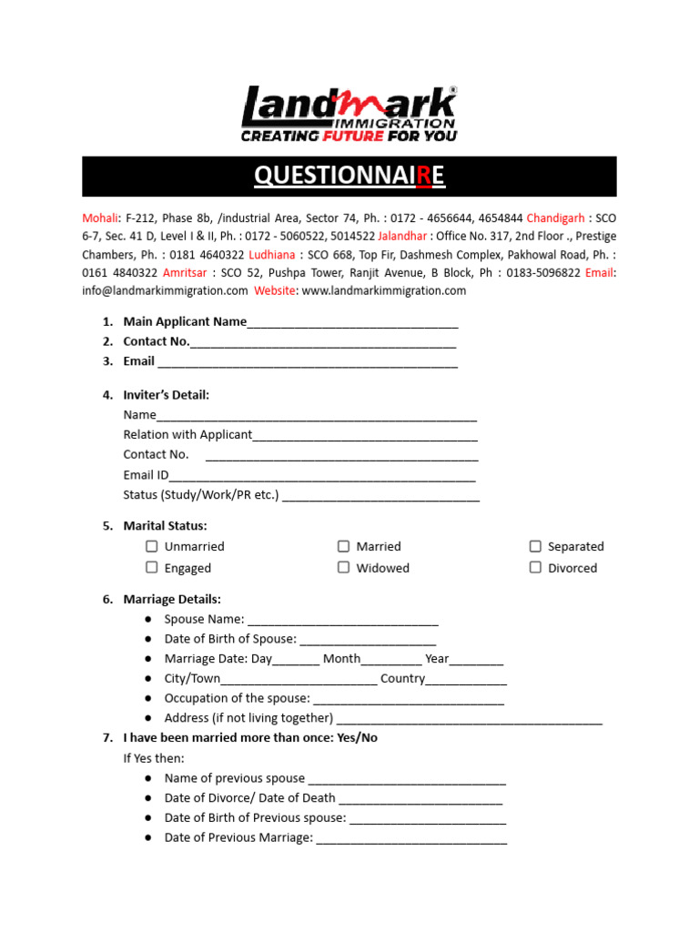 Immigration Questionnaire Form | PDF | Social Institutions | Family