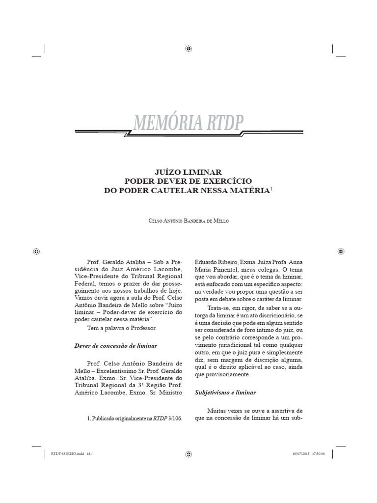 Juízo Liminar e Poder Cautelar | PDF | Juiz | Sentença (jurídico)