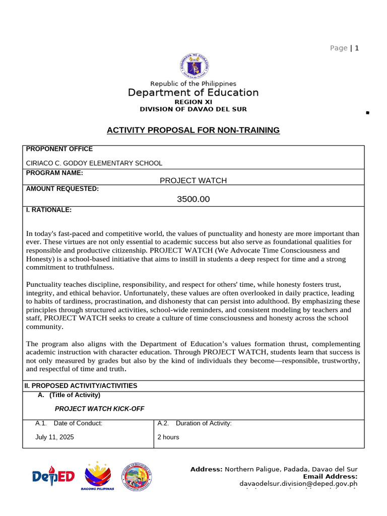 PROJECT WATCH: Promoting Punctuality & Honesty | PDF | Teachers