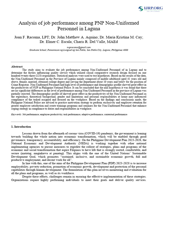 Job Performance of PNP Non-Uniformed Personnel | PDF | Performance ...