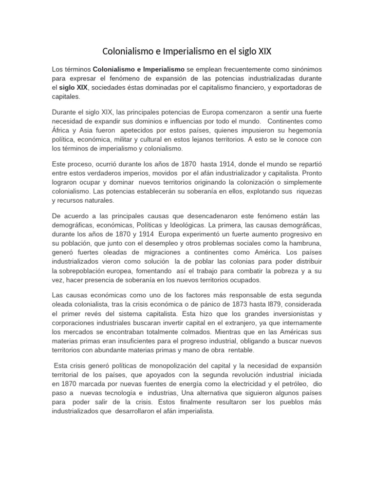 Colonialismo e Imperialismo del Siglo XIX | PDF | Colonialismo ...