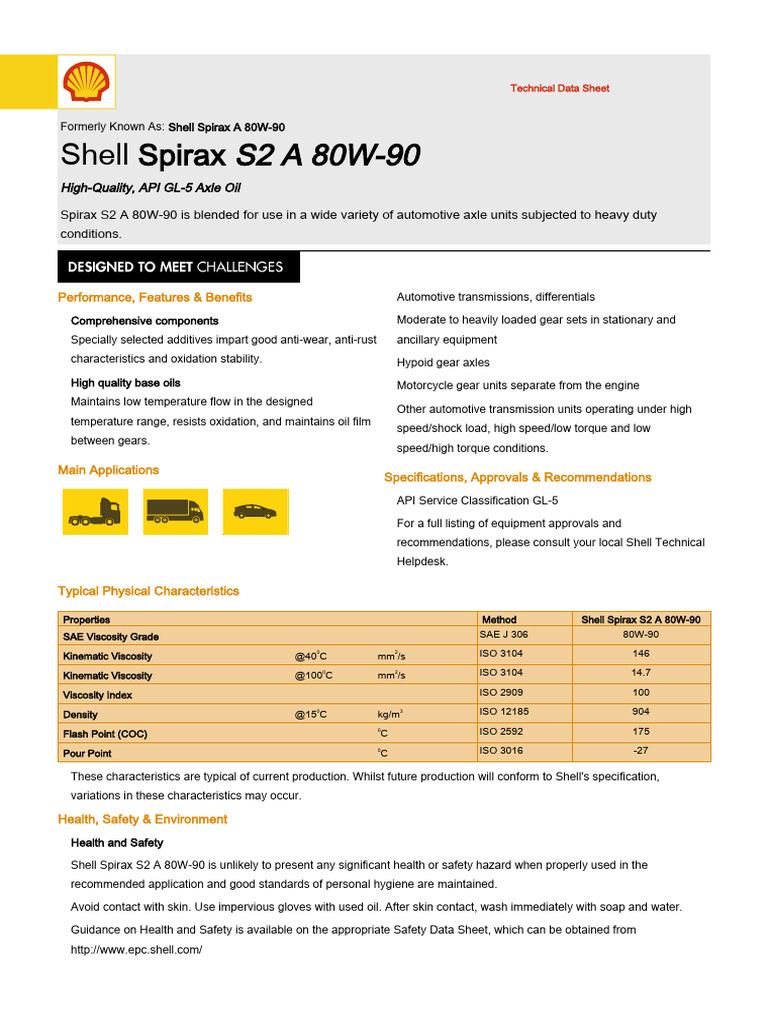 Shell Spirax S2 G90 Axle Oil Overview | PDF | Viscosity | Gear