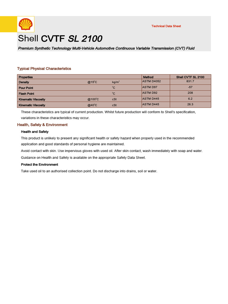 Shell CVTF SL 2100 Technical Data Sheet | PDF
