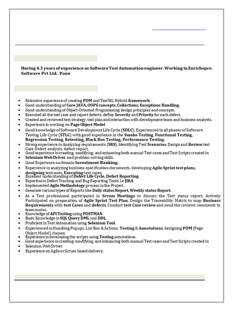 Test Automation Engineer Profile | PDF | Software Testing | Software ...