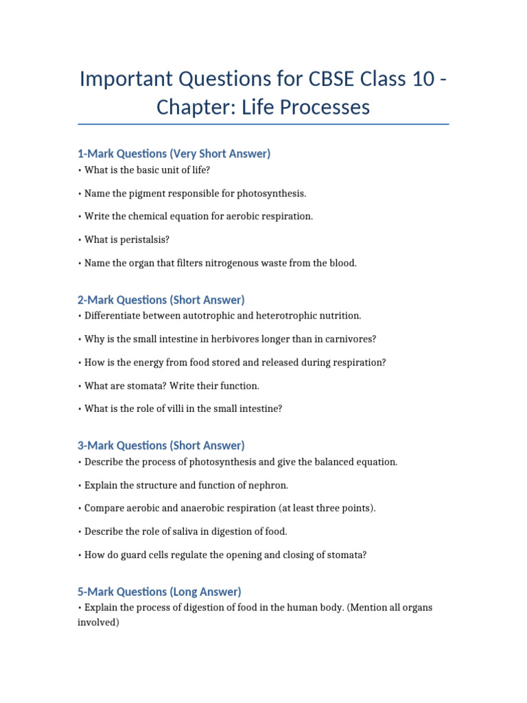 Class 10 Life Processes: Key Questions | PDF
