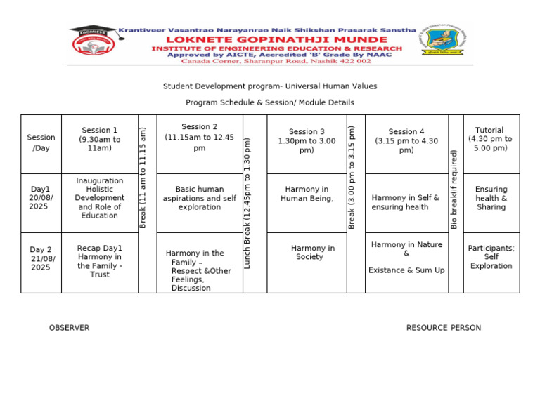 Universal Human Values Program Schedule | PDF