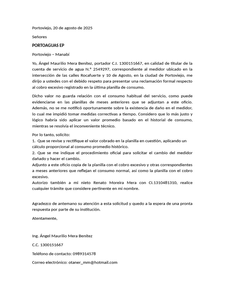 Reclamación por cobro excesivo de agua | PDF