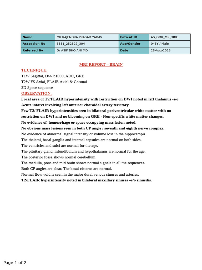 MRI Brain Report for Acute Infarct | PDF | Thalamus | Nervous System