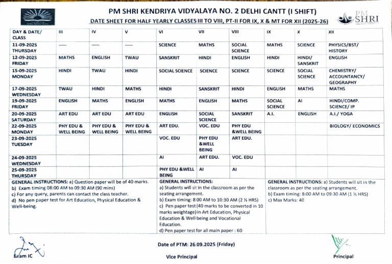2025-26 Half Yearly Exam Schedule | PDF