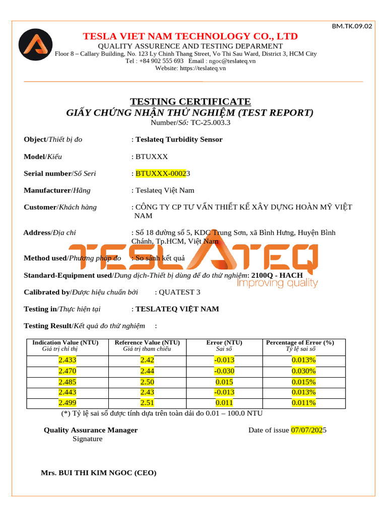 TC TA79 Teslateq QA (Test Report) BTUXXX 07072025 | PDF